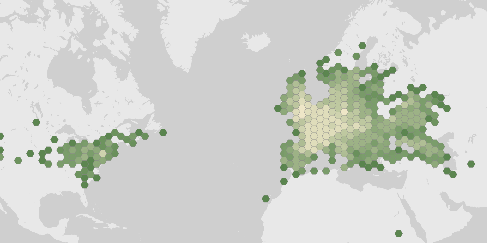 World map showing recorded occurrences of Acer campestre.