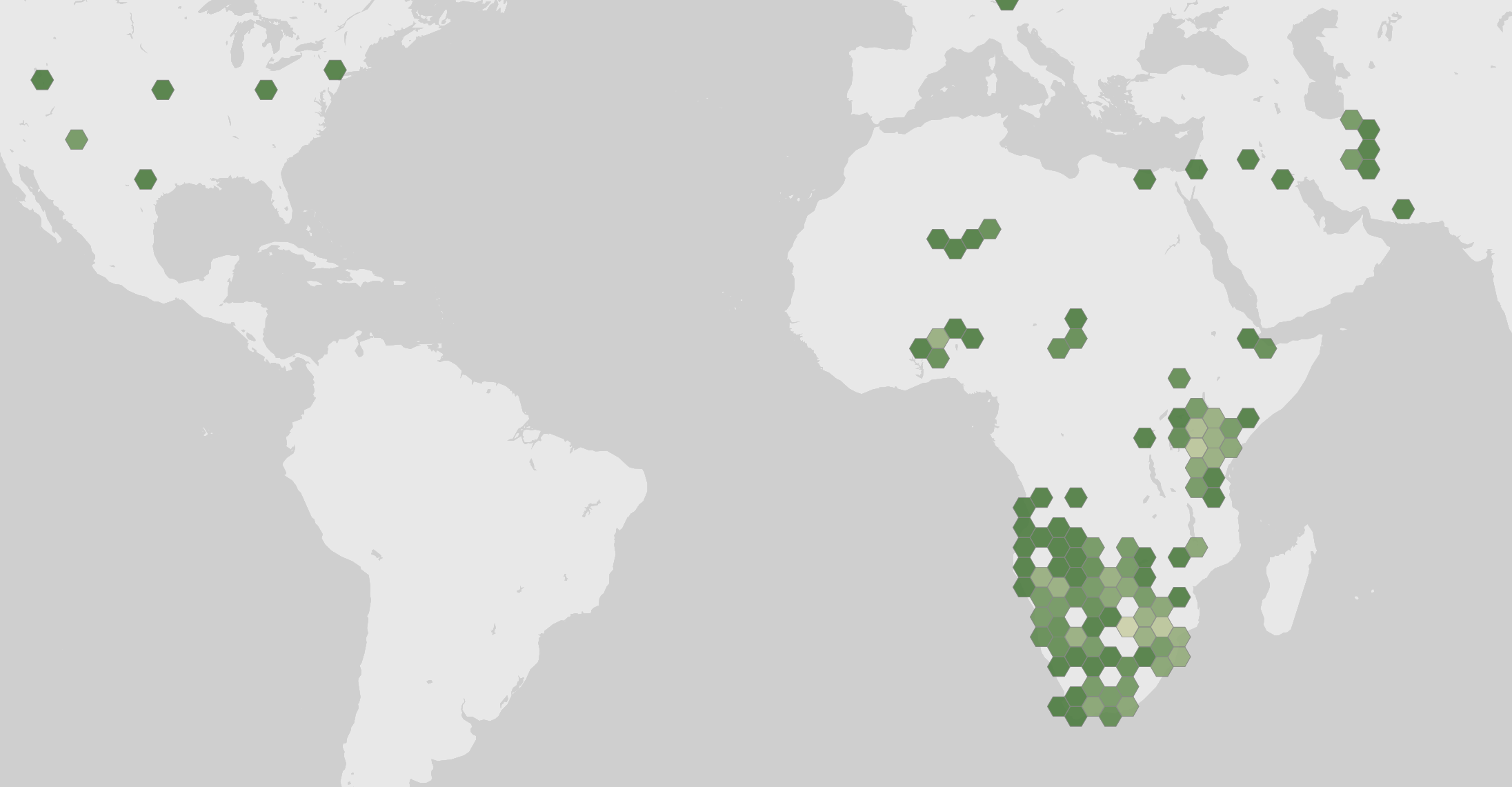 World map showing recorded occurrences of Acinonyx jubatus.
