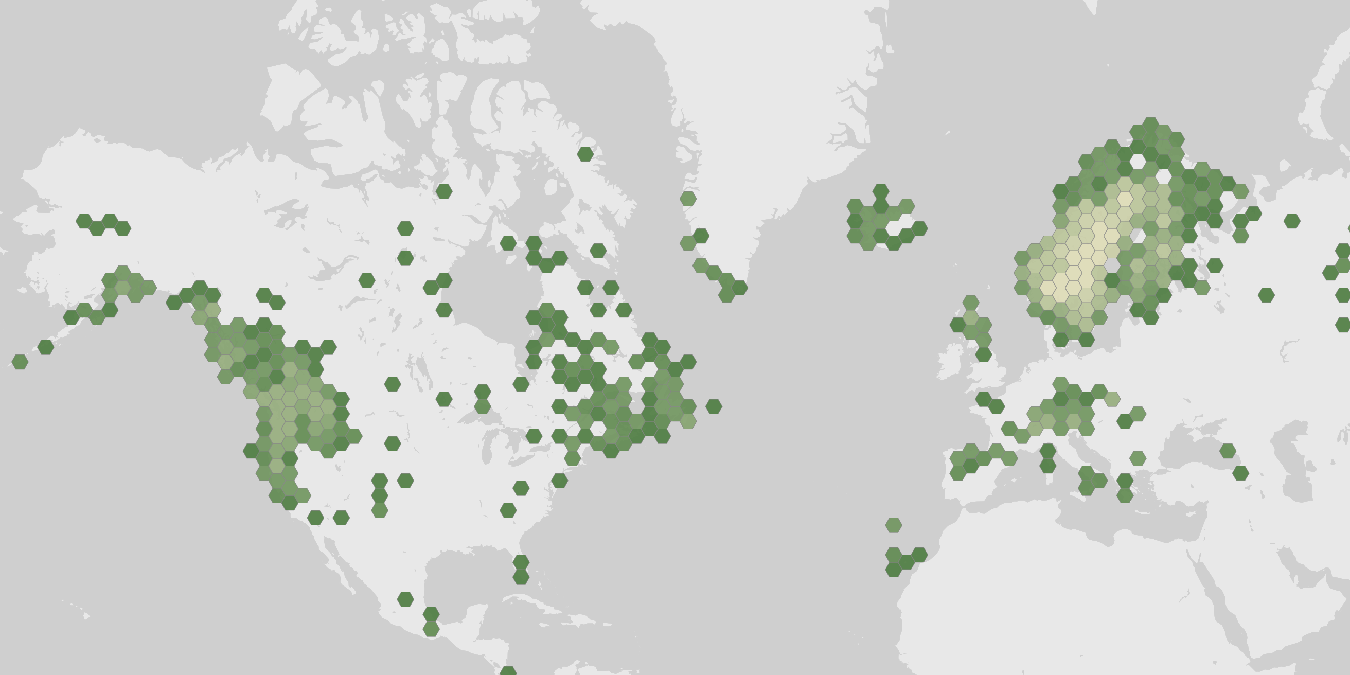 World map showing recorded occurrences of Alectoria sarmentosa.