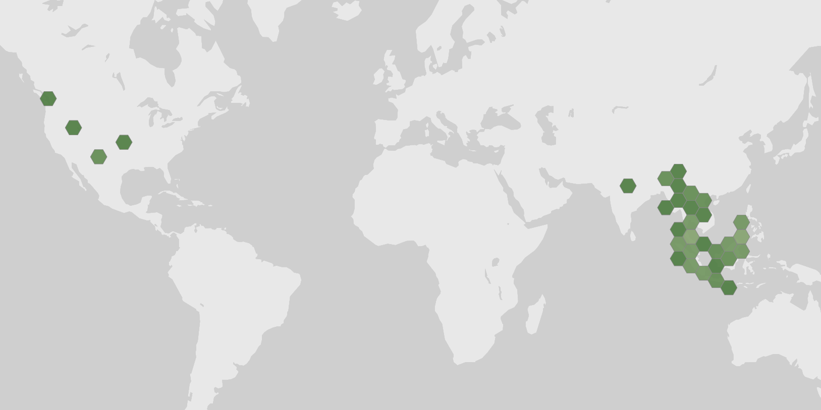 World map showing recorded occurrences of Arctictis binturong.