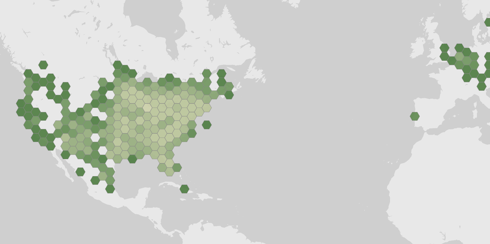 World map showing recorded occurrences of Asclepias tuberosa.