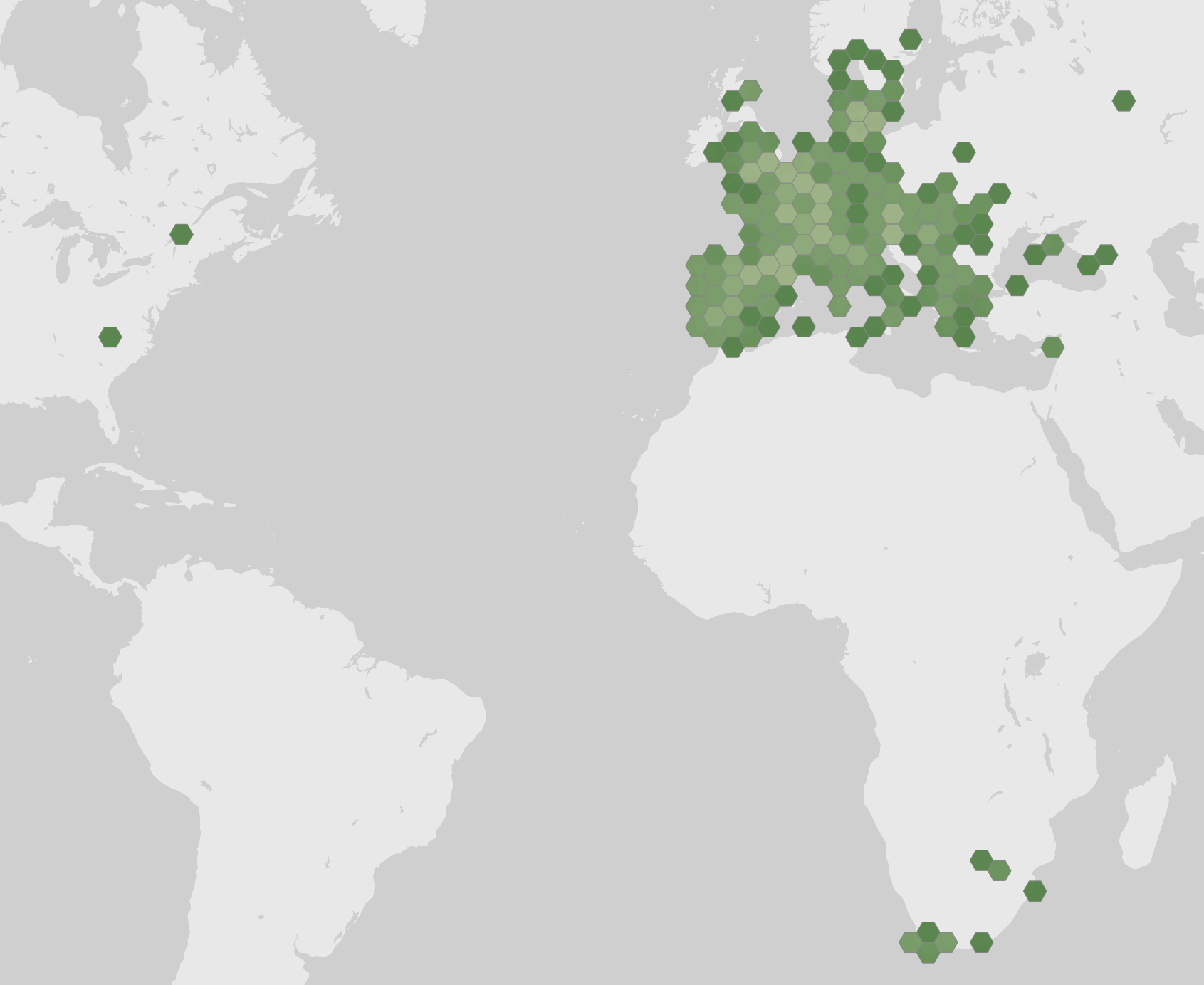 World map showing recorded occurrences of Boletus aereus.