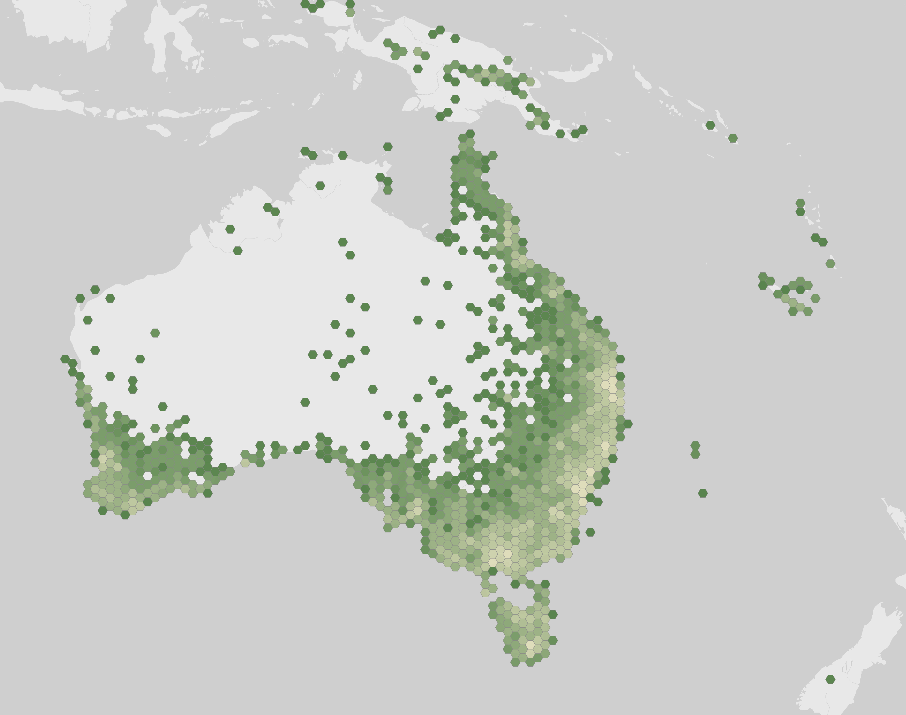 World map showing recorded occurrences of Cacomantis flabelliformis.