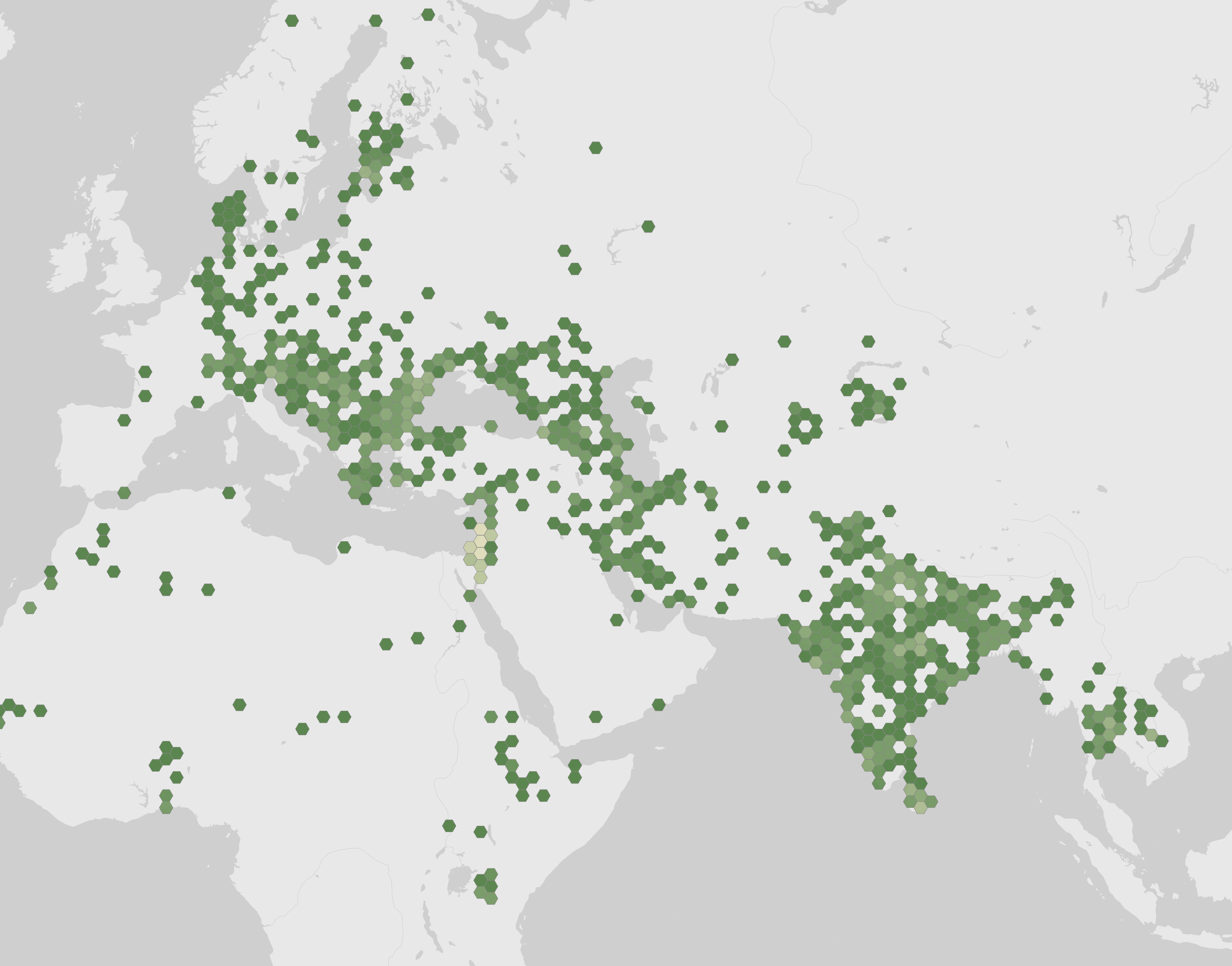 World map showing recorded occurrences of Canis aureus.