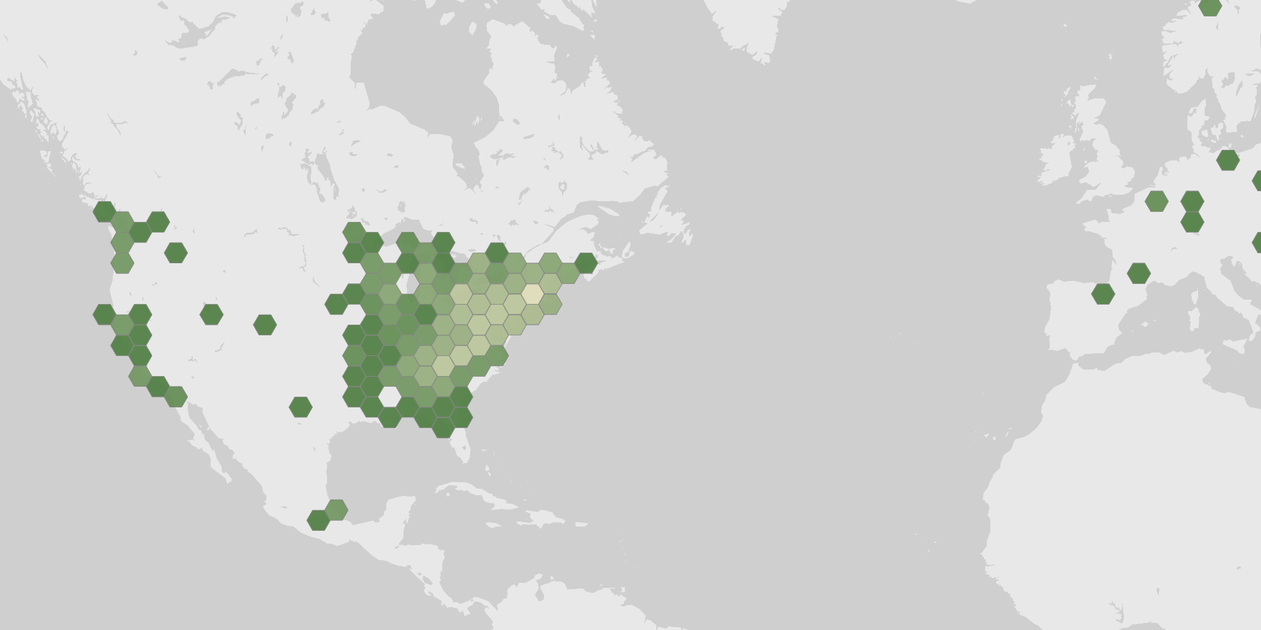 World map showing recorded occurrences of Castanea dentata.