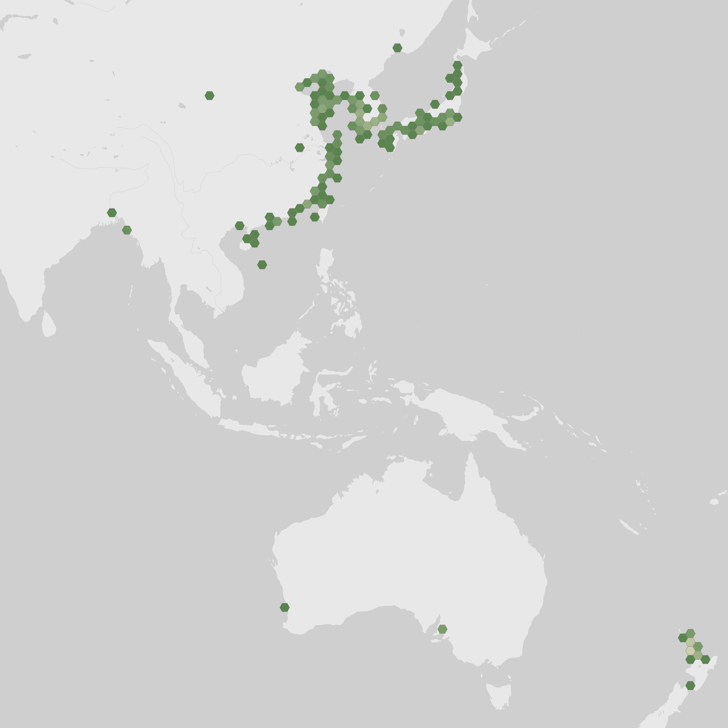 World map showing recorded occurrences of Charybdis japonica.