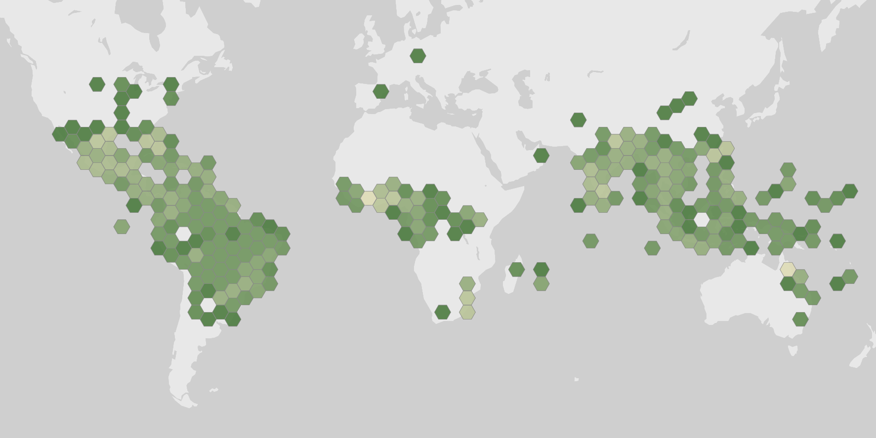 World map showing recorded occurrences of Chromolaena odorata.