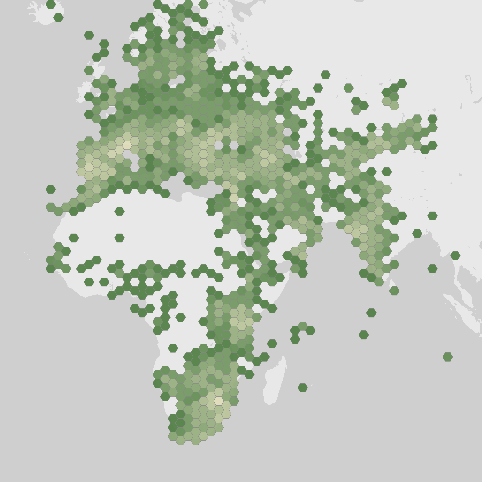 World map showing recorded occurrences of Coracias garrulus.