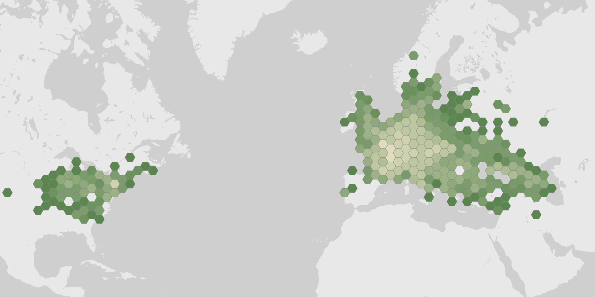 World map showing recorded occurrences of Cornus mas.