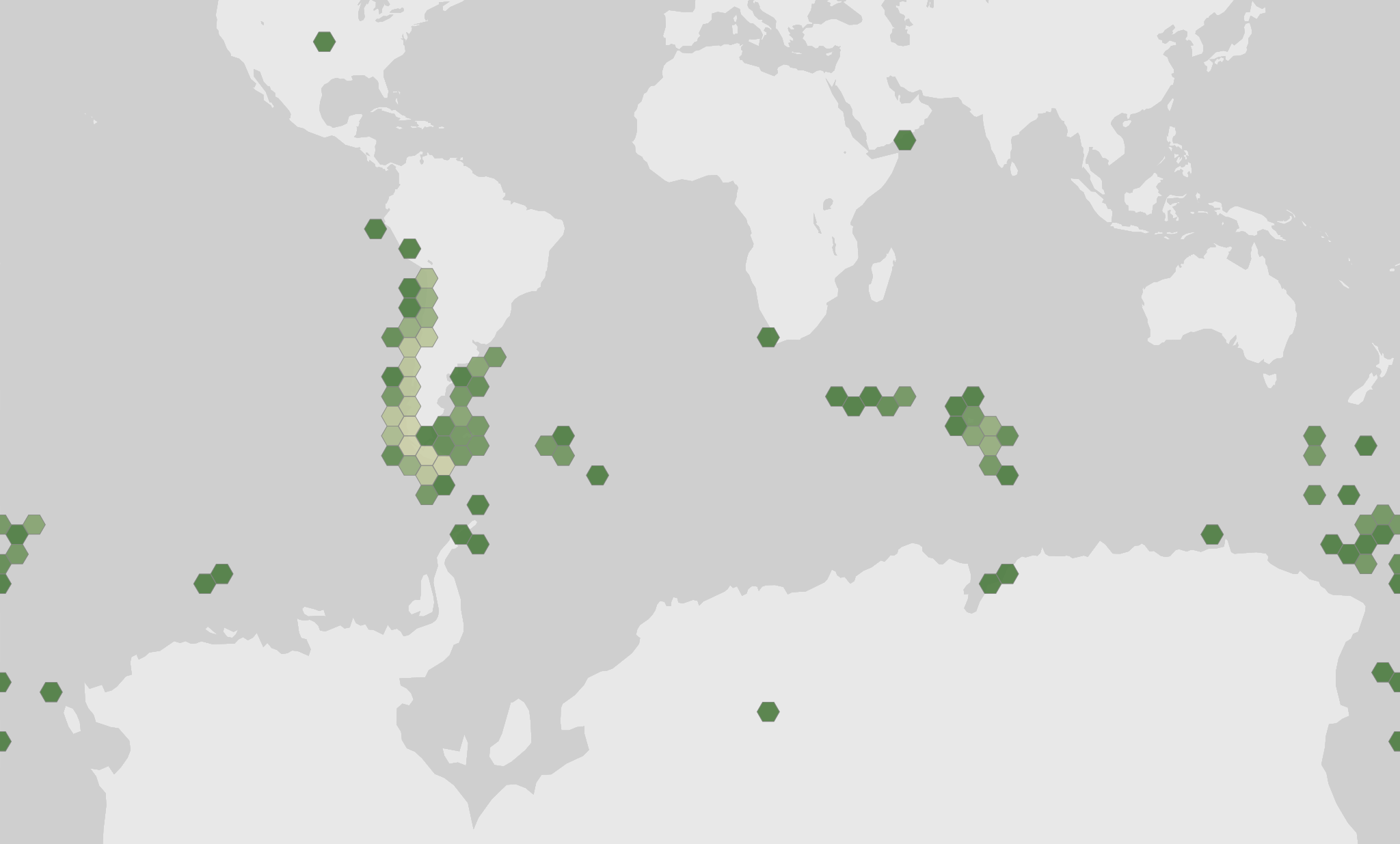 World map showing recorded occurrences of Dissostichus eleginoides.