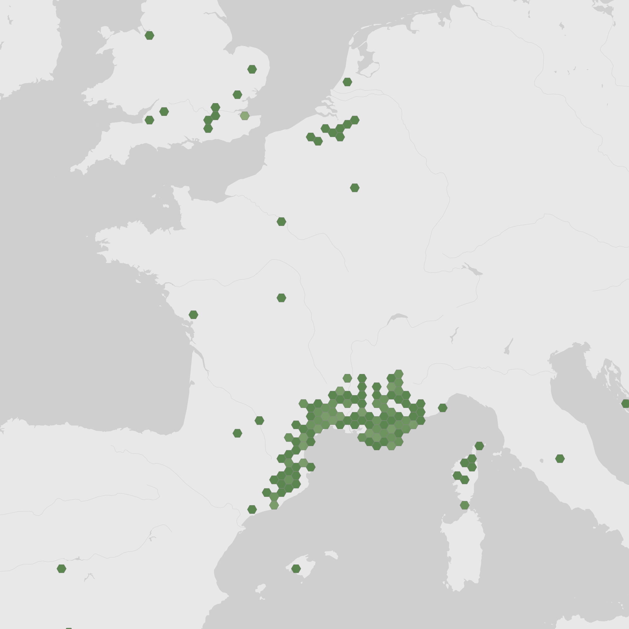 World map showing recorded occurrences of Euscorpius flavicaudis.