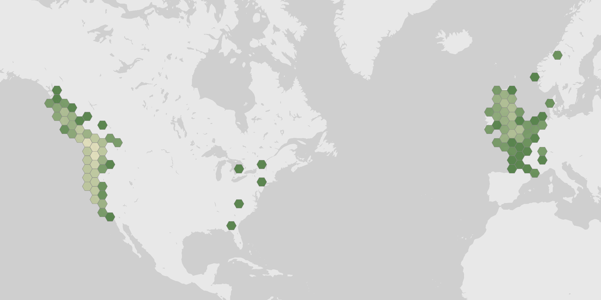 World map showing recorded occurrences of Gaultheria shallon.
