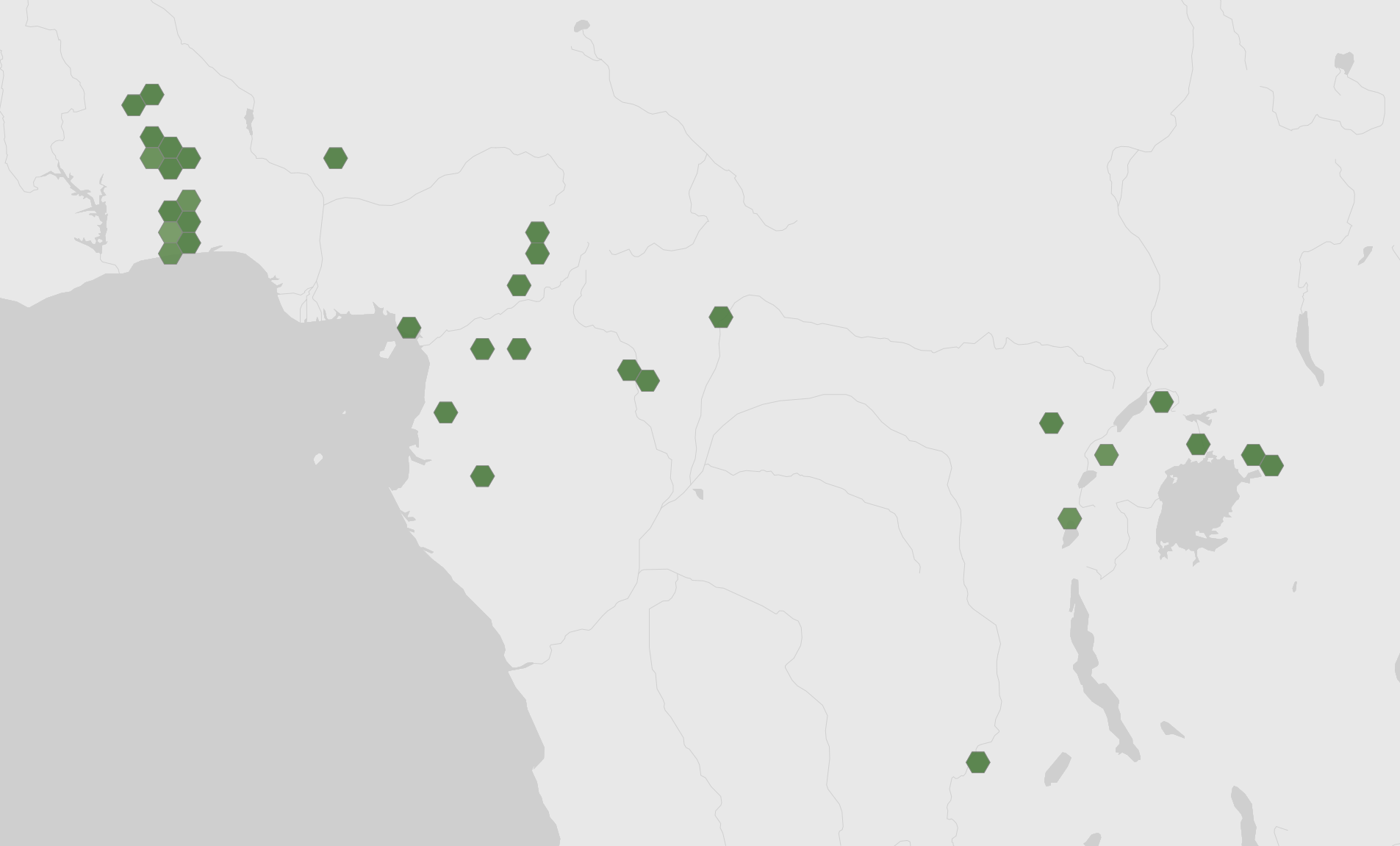 Carte des observations enregistrées de Goliathus goliatus