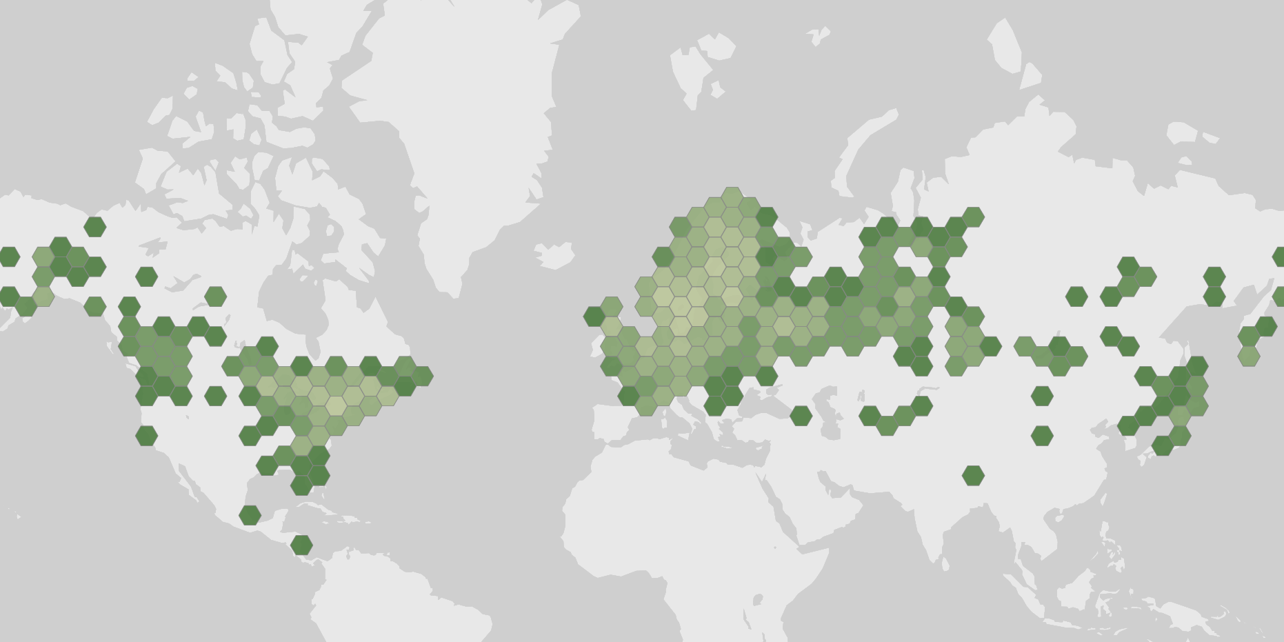 World map showing recorded occurrences of Inonotus obliquus.