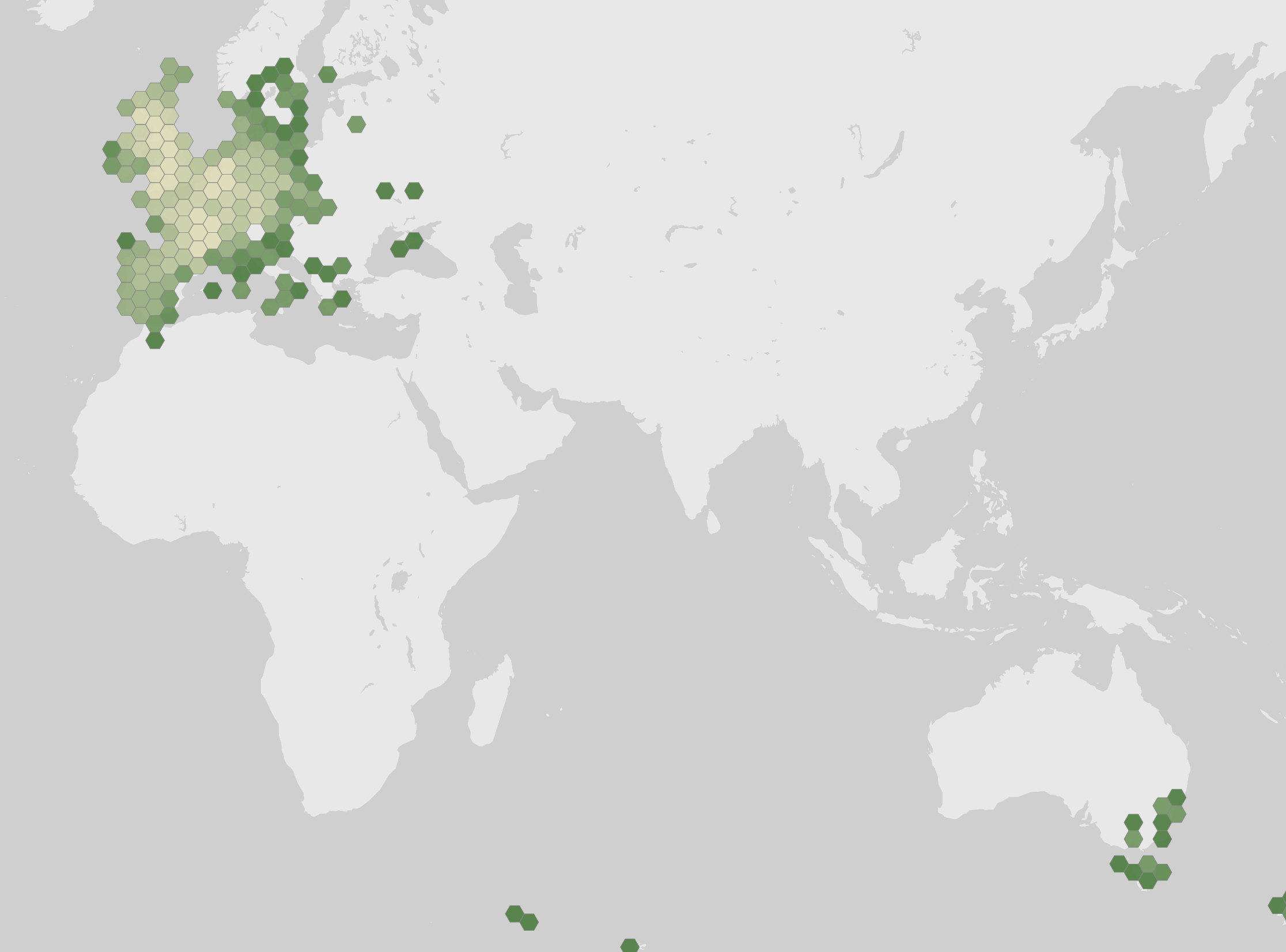 World map showing recorded occurrences of Juncus acutiflorus.