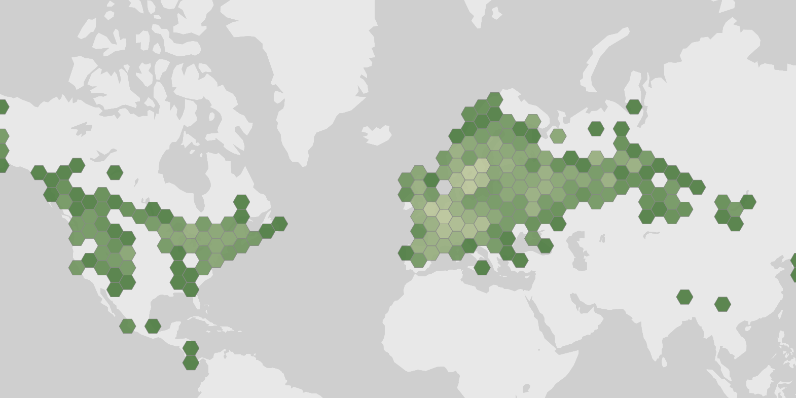World map showing recorded occurrences of Leccinum aurantiacum.