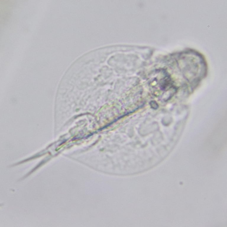 Um rotífero microscópico do gênero Lepadella, com lórica rígida e achatada típica da família Lepadellidae