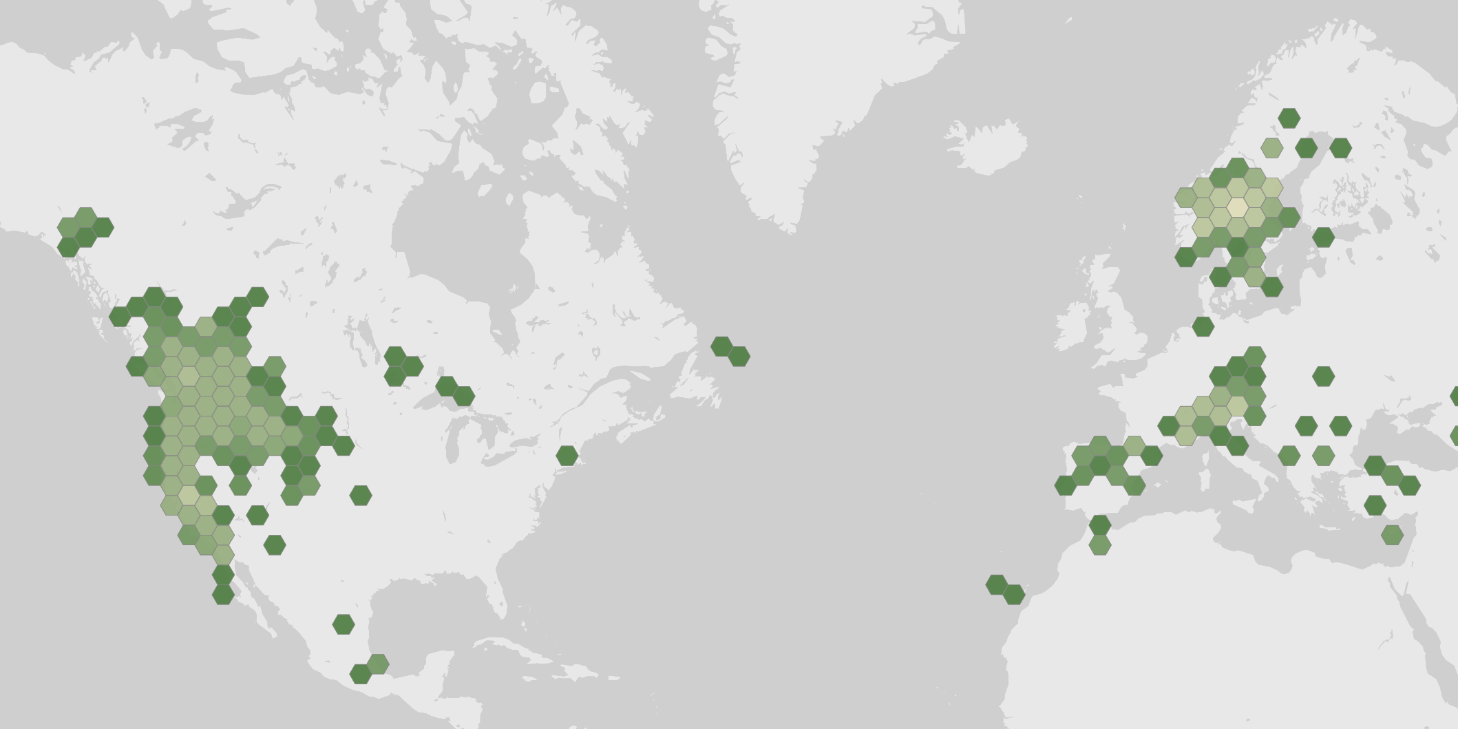 World map showing recorded occurrences of Letharia vulpina.
