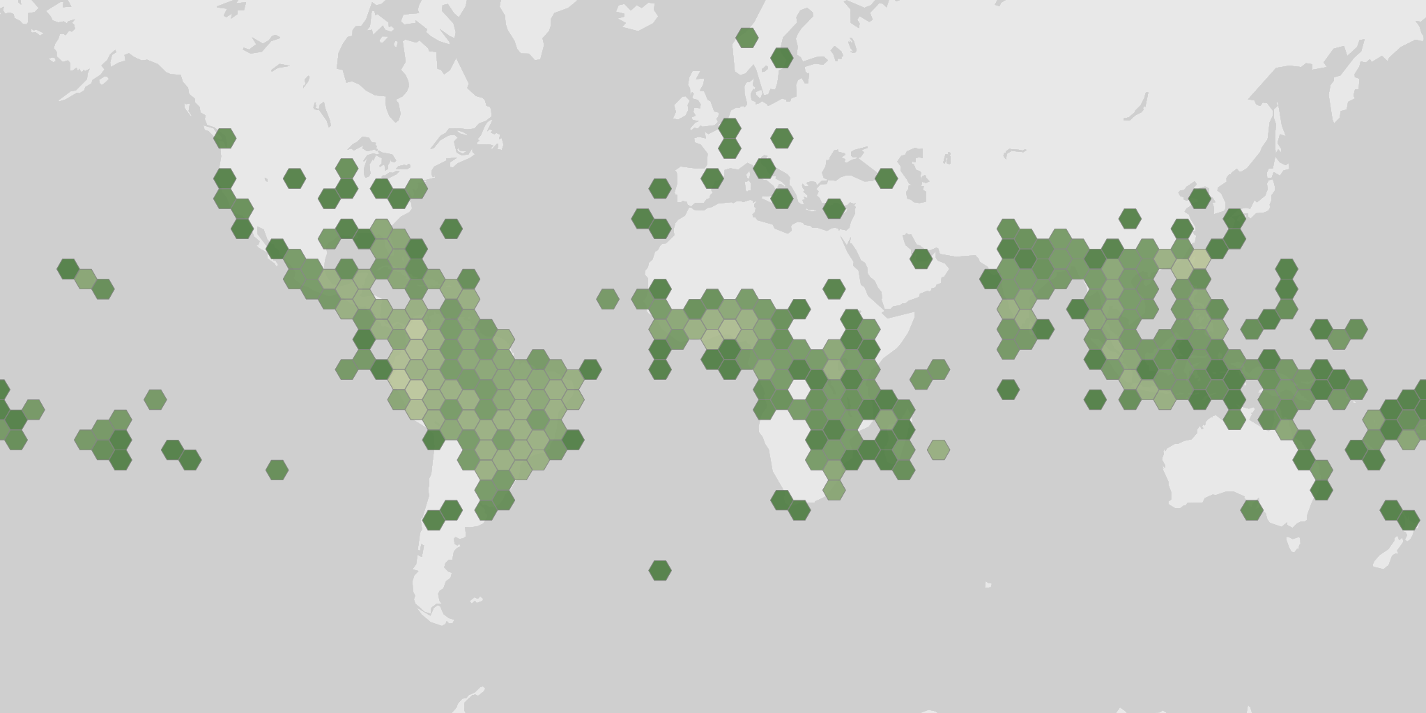 World map showing recorded occurrences of Manihot esculenta.