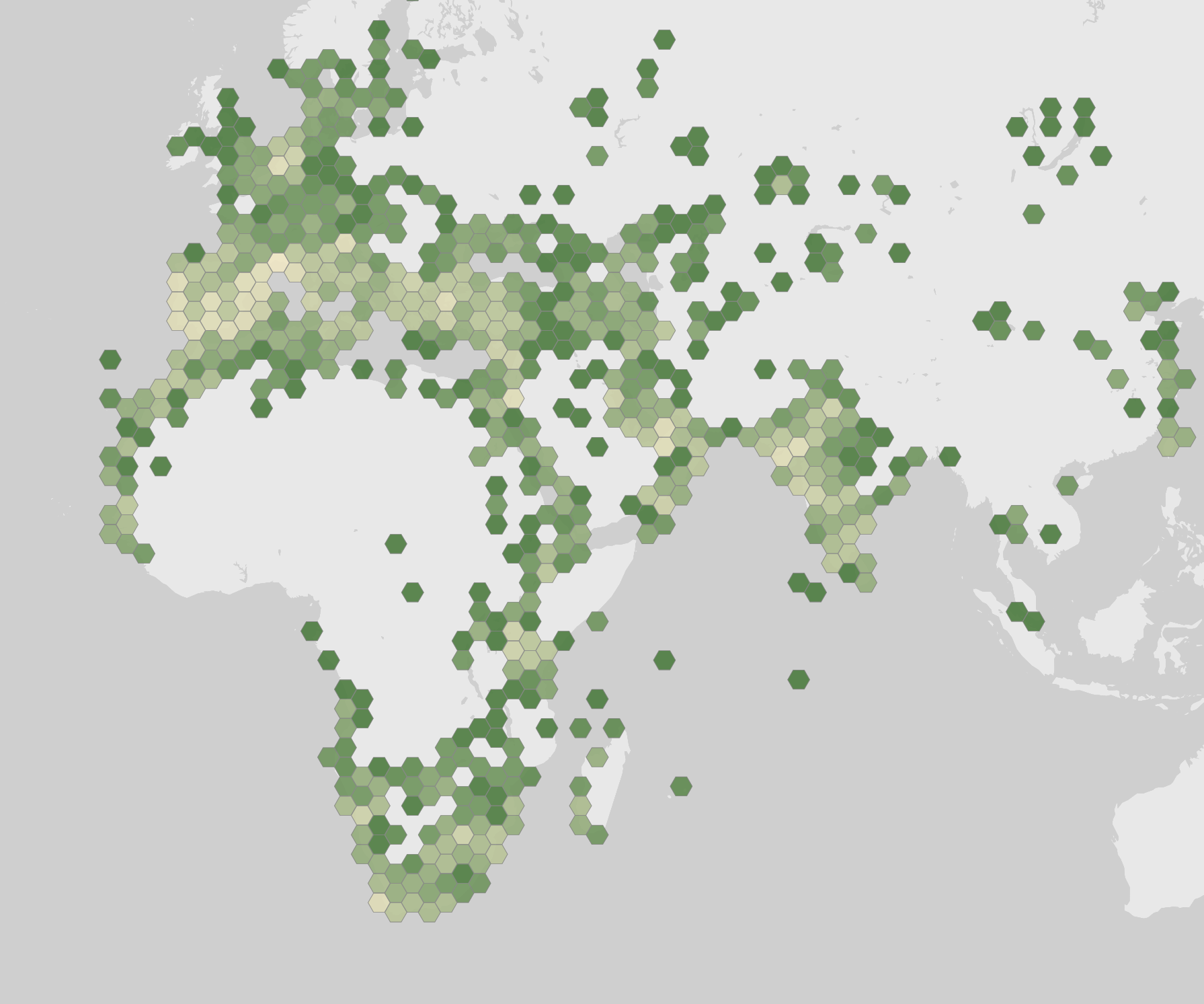 World map showing recorded occurrences of Phoenicopterus roseus.