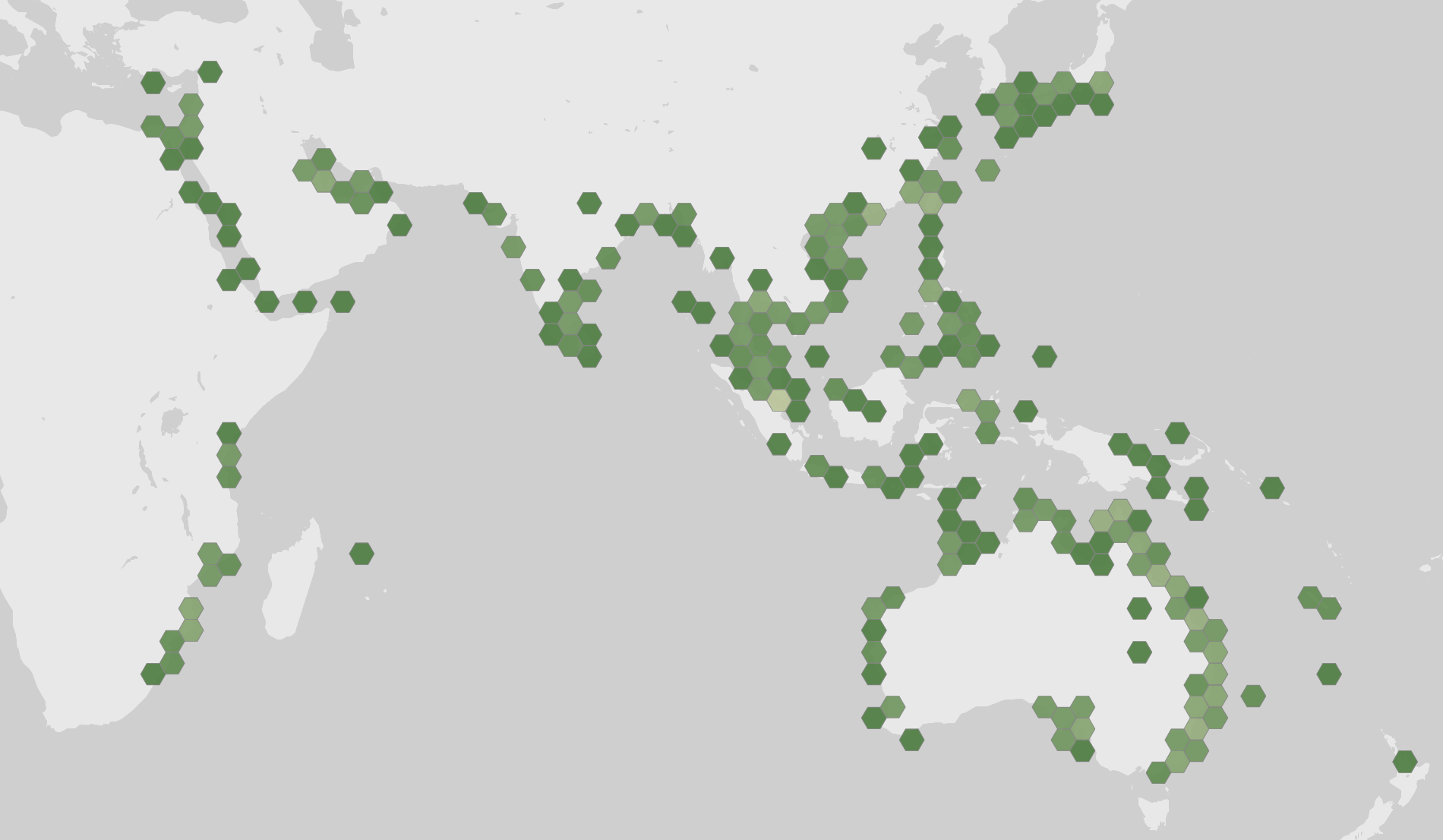 World map showing recorded occurrences of Portunus pelagicus.