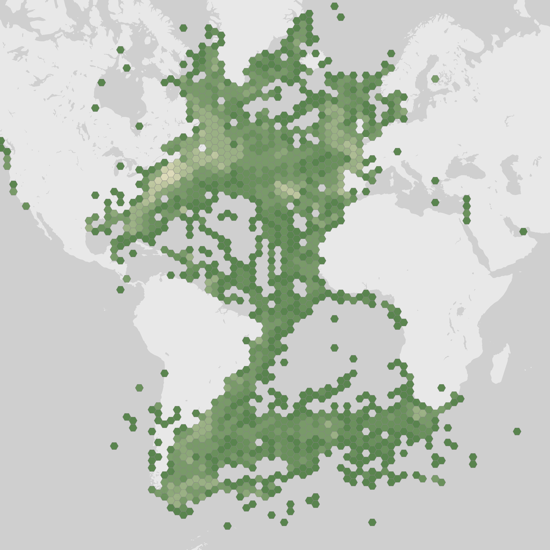 World map showing recorded occurrences of Puffinus gravis.