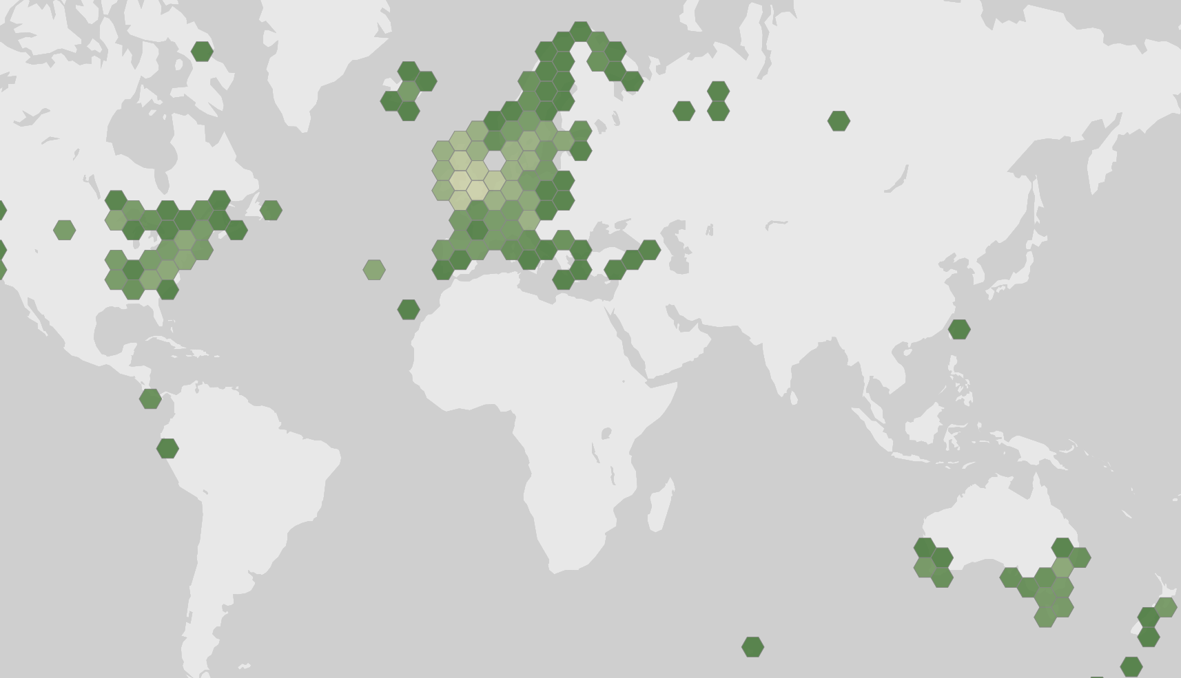 World map showing recorded occurrences of Rhizocarpon reductum.