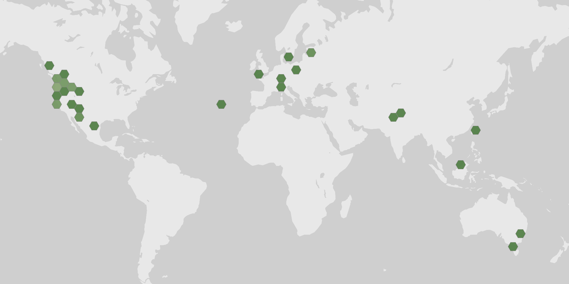 World map showing recorded occurrences of Rhizopogon vinicolor.