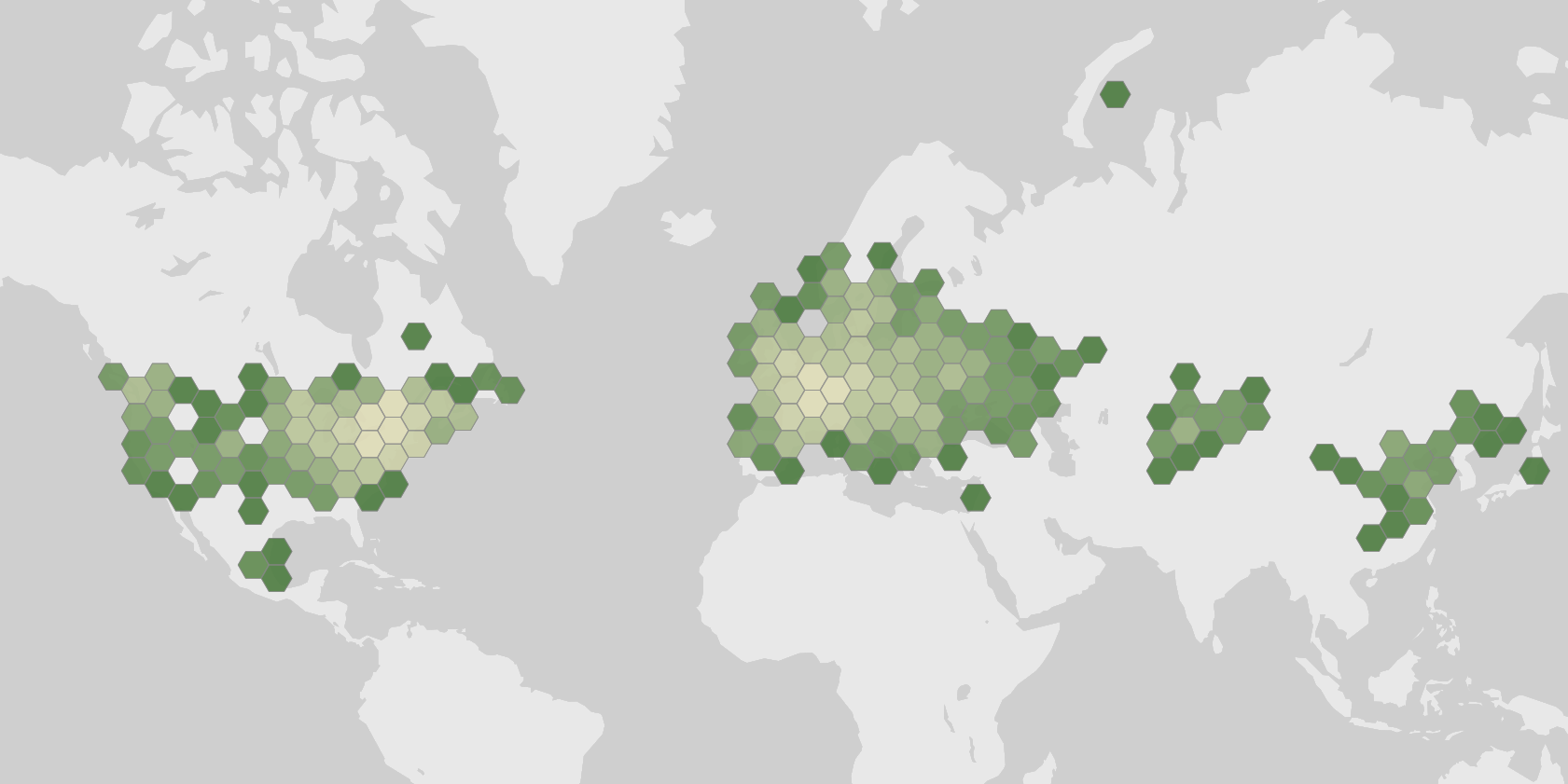 World map showing recorded occurrences of Rhus typhina.