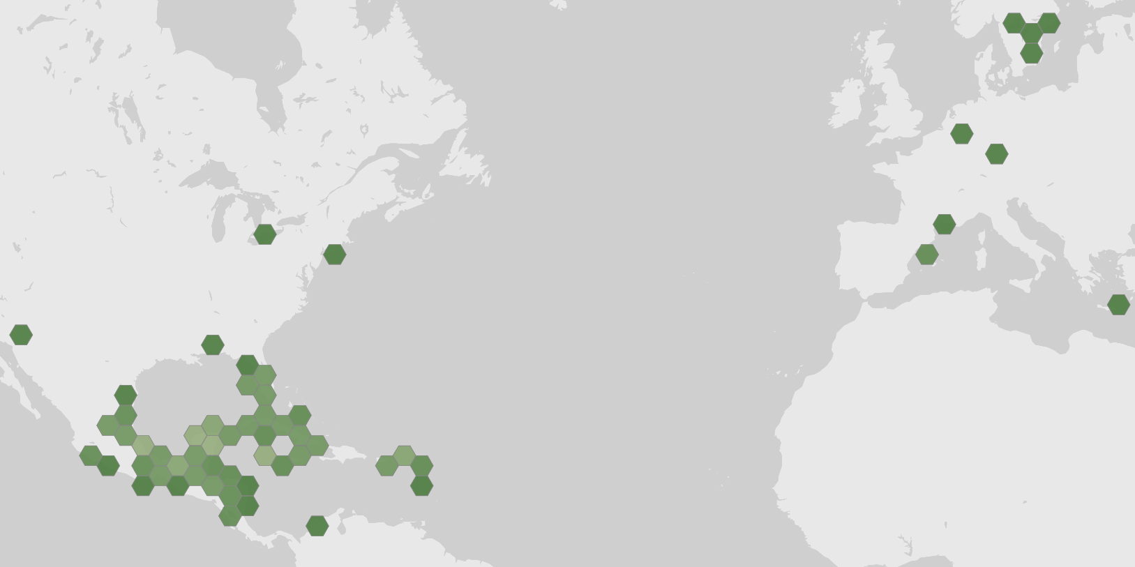 World map showing recorded occurrences of Selenicereus grandiflorus.