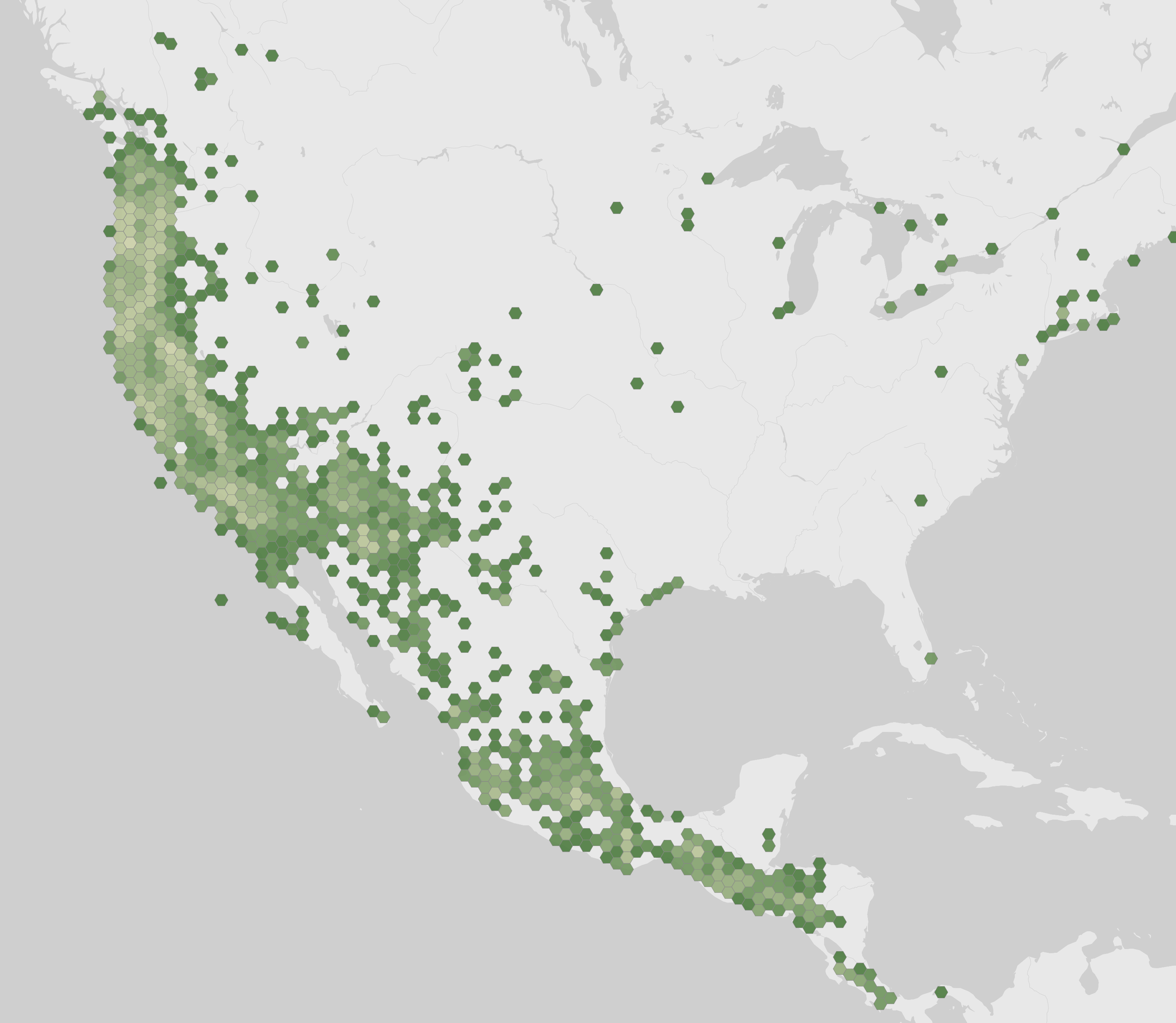 World map showing recorded occurrences of Setophaga occidentalis.