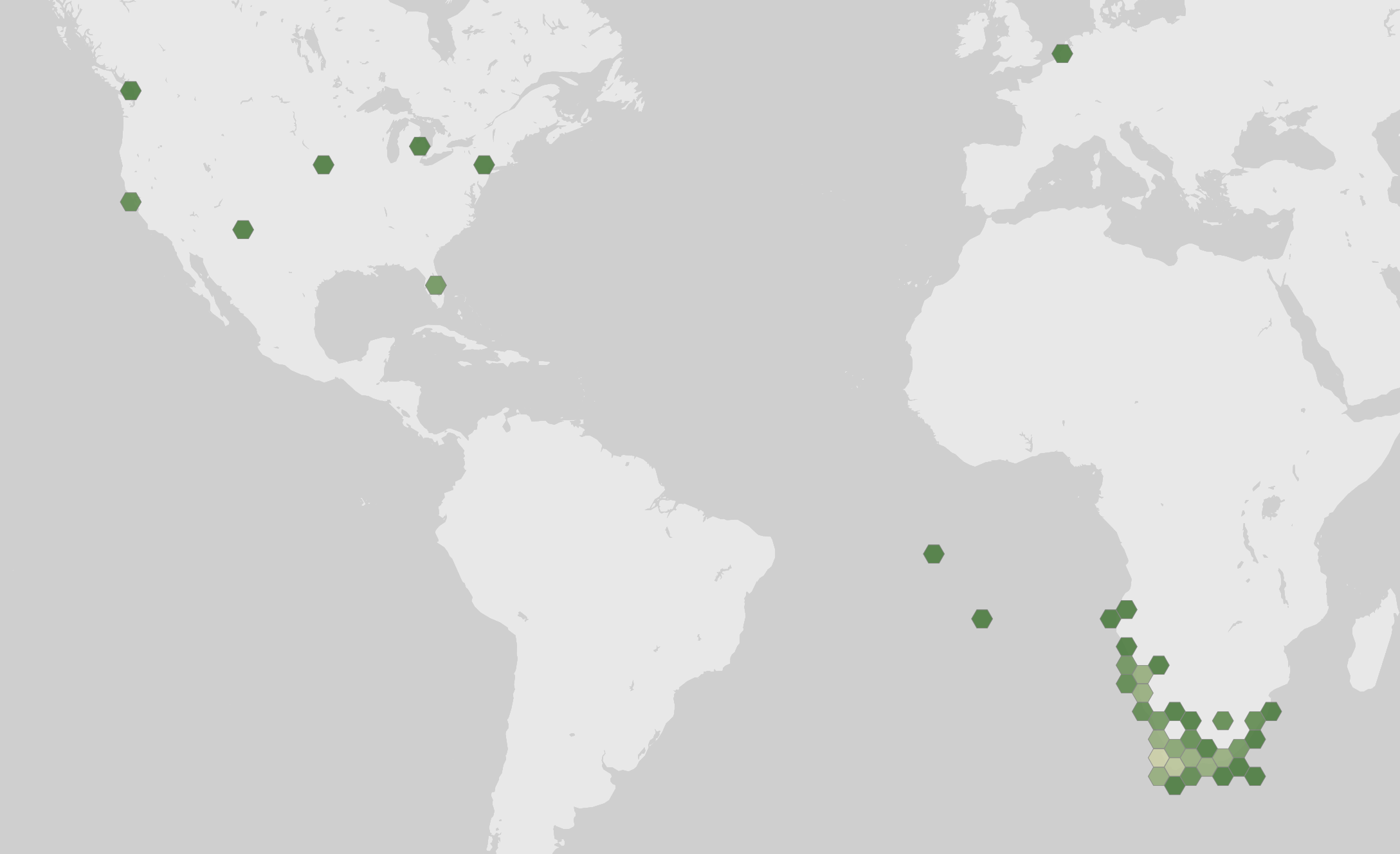 World map showing recorded occurrences of Spheniscus demersus.