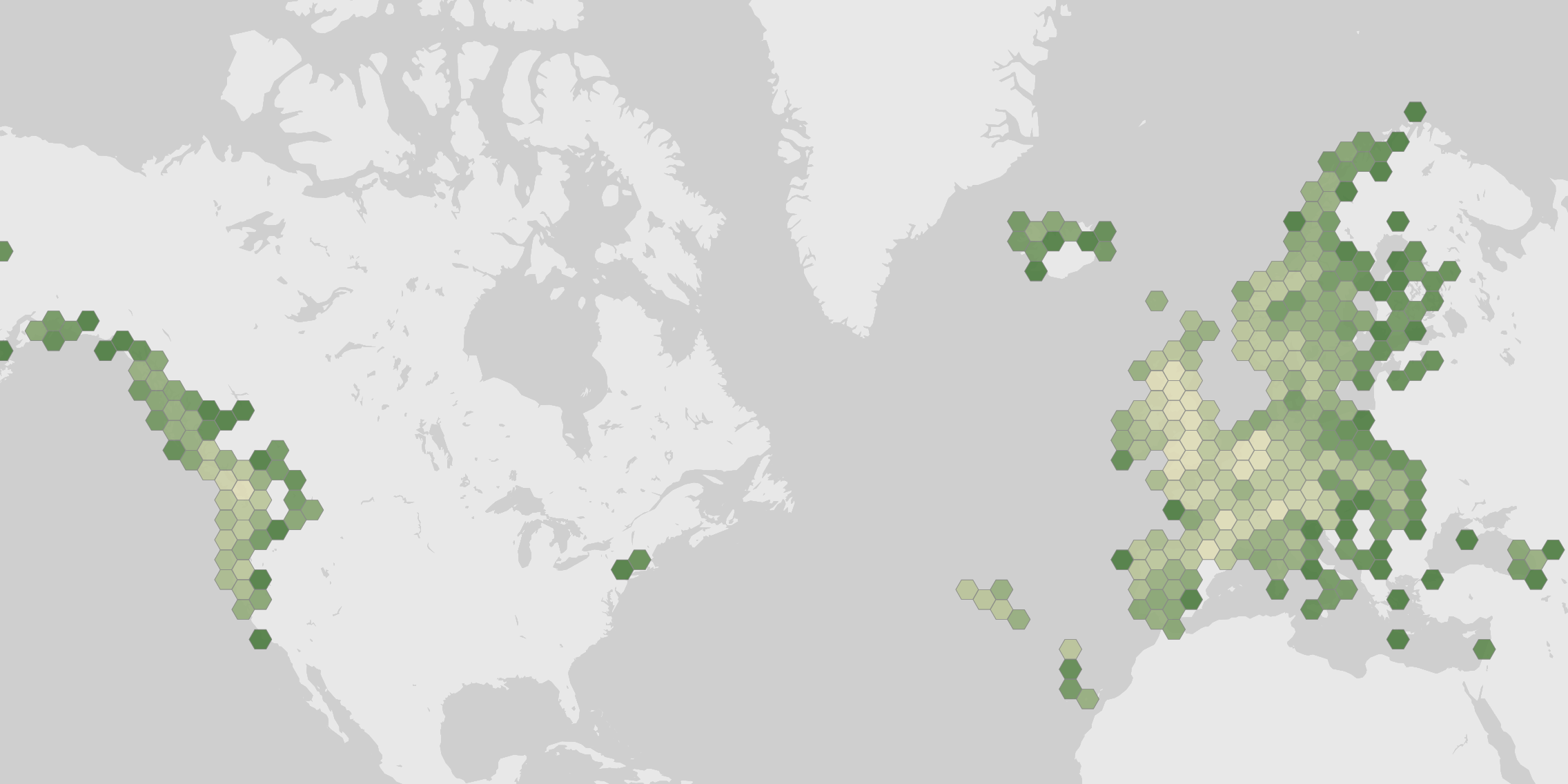World map showing recorded occurrences of Struthiopteris spicant.