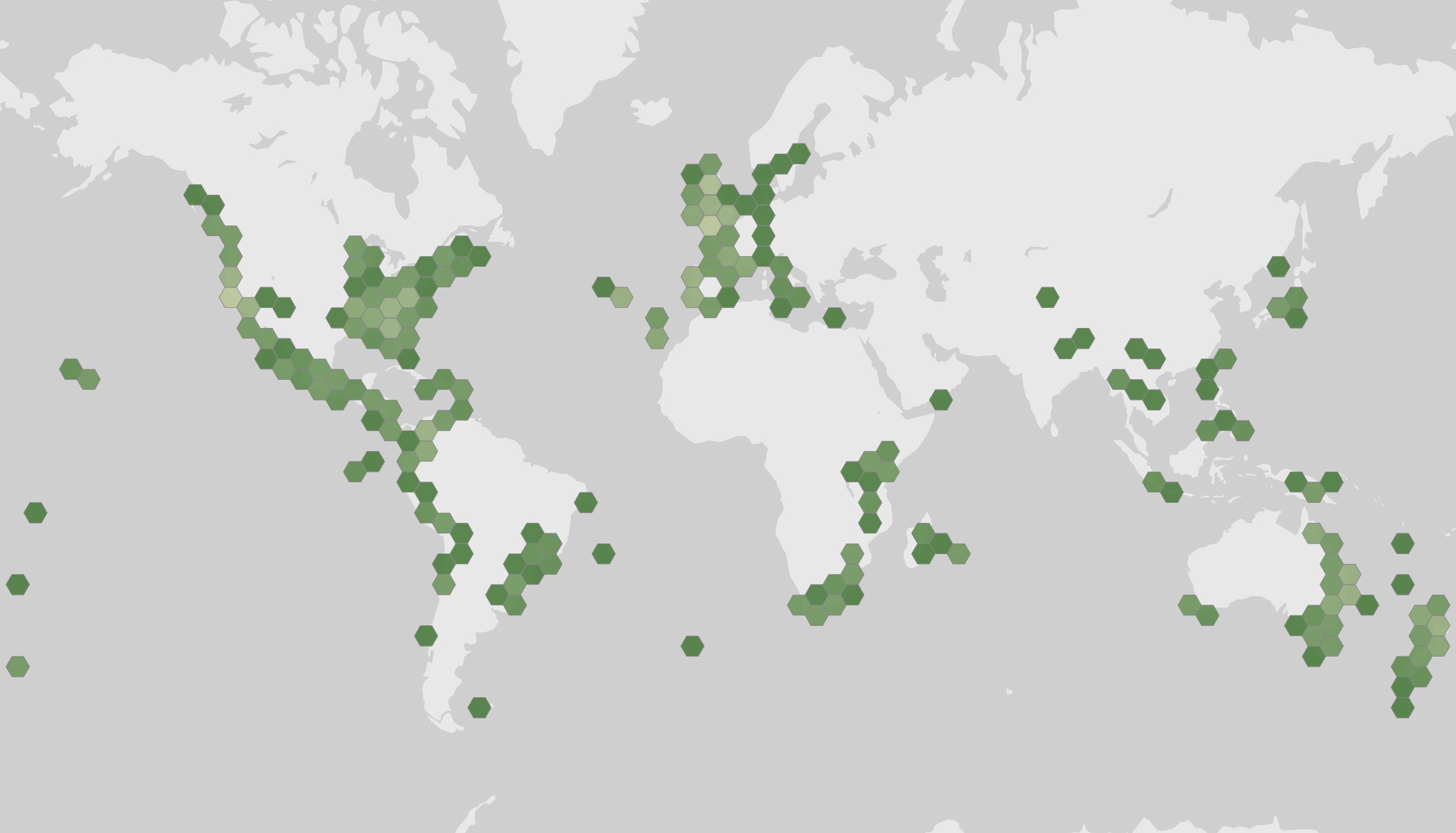 World map showing recorded occurrences of Usnea rubicunda.