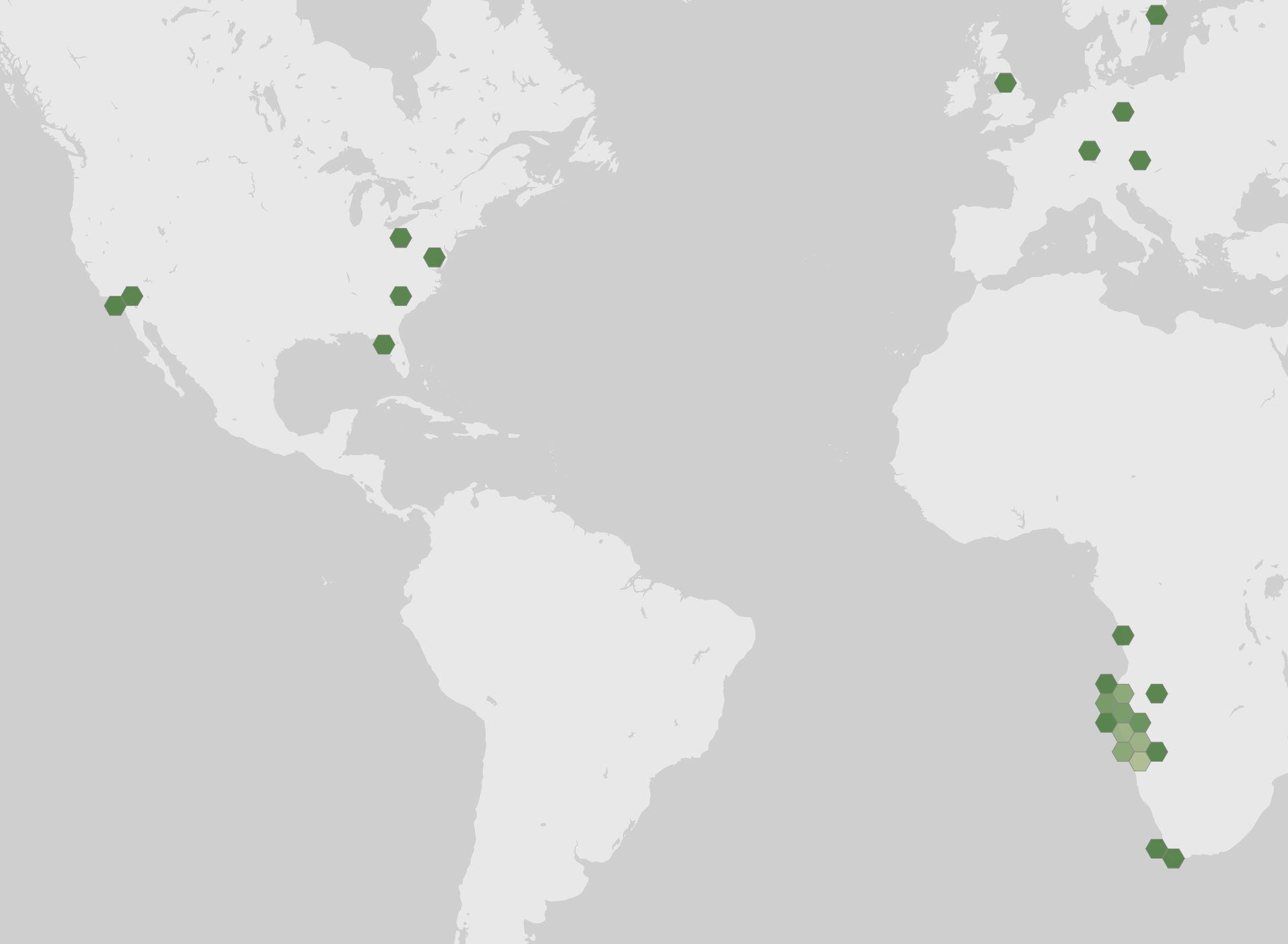 World map showing recorded occurrences of Welwitschia mirabilis.